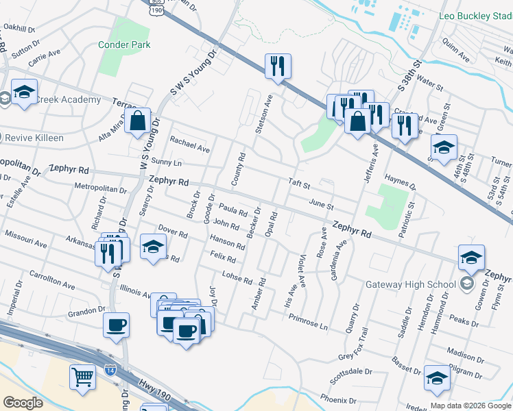 map of restaurants, bars, coffee shops, grocery stores, and more near 1309 Opal Road in Killeen