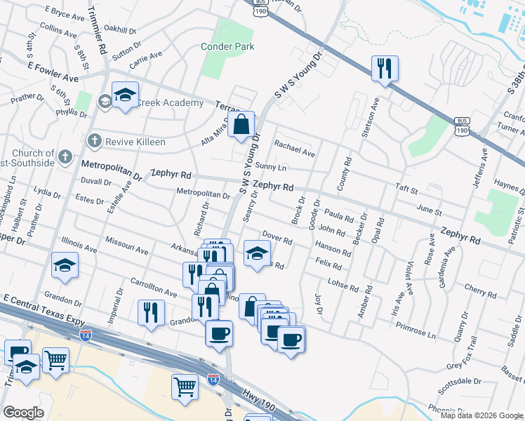 map of restaurants, bars, coffee shops, grocery stores, and more near 2312 John Road in Killeen