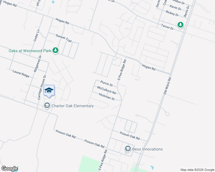 map of restaurants, bars, coffee shops, grocery stores, and more near 7612 McCulloch Road in Temple