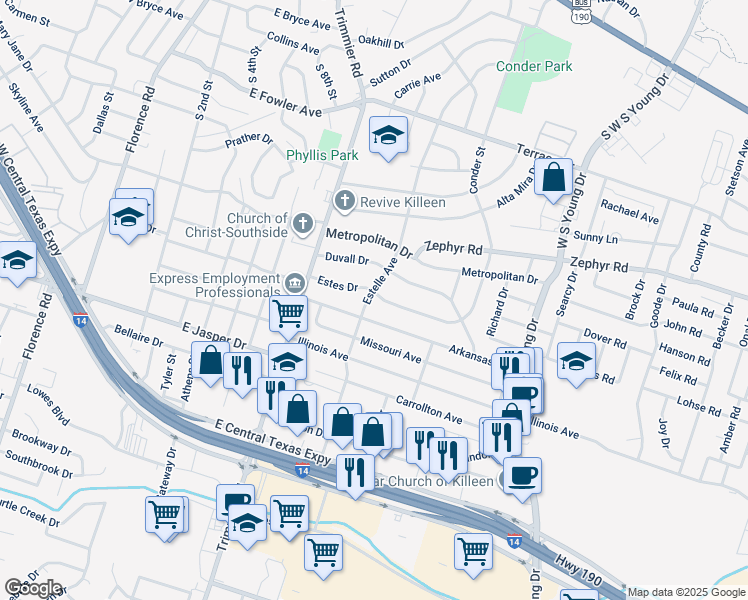 map of restaurants, bars, coffee shops, grocery stores, and more near 1302 Duvall Drive in Killeen