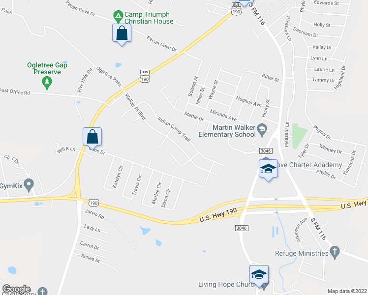 map of restaurants, bars, coffee shops, grocery stores, and more near 1708 Walker Place Boulevard in Copperas Cove