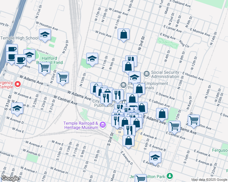 map of restaurants, bars, coffee shops, grocery stores, and more near 304 North 7th Street in Temple