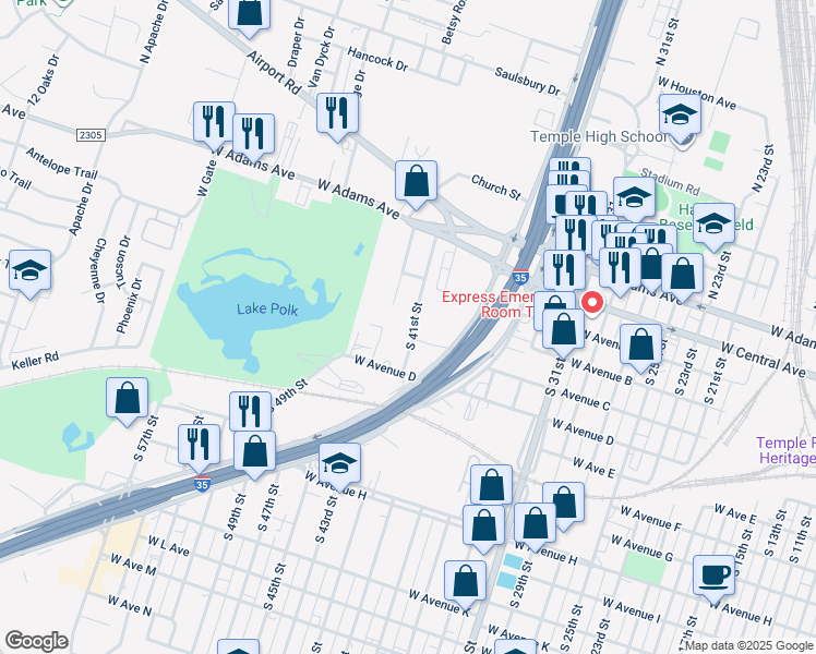 map of restaurants, bars, coffee shops, grocery stores, and more near 111 North 43rd Street in Temple
