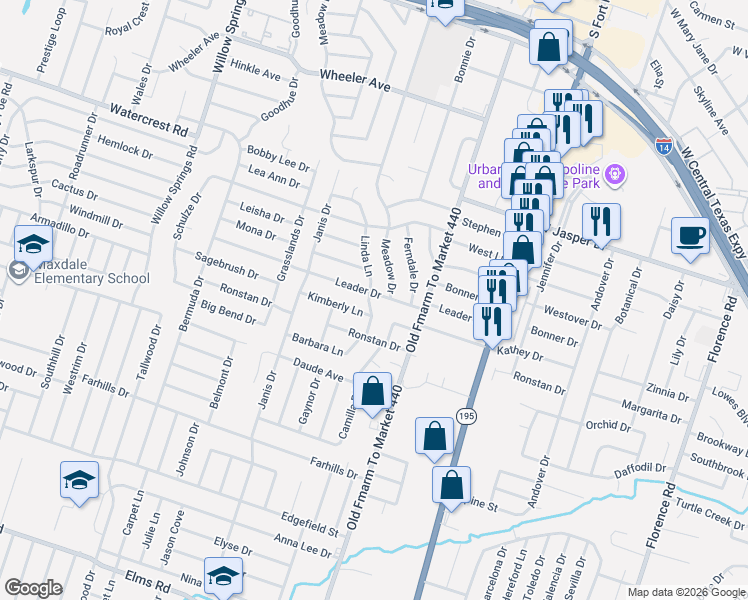 map of restaurants, bars, coffee shops, grocery stores, and more near 1522 Linda Lane in Killeen
