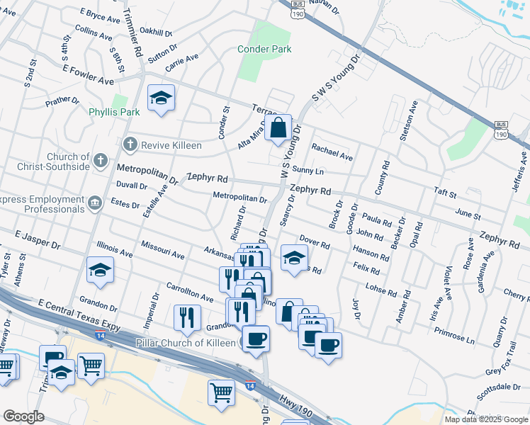 map of restaurants, bars, coffee shops, grocery stores, and more near 1516 Metropolitan Drive in Killeen