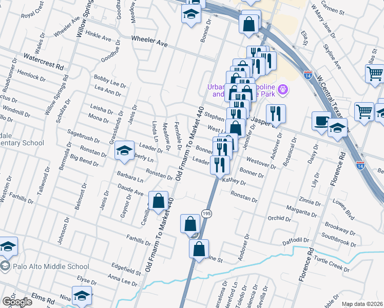 map of restaurants, bars, coffee shops, grocery stores, and more near 1311 Bonner Drive in Killeen