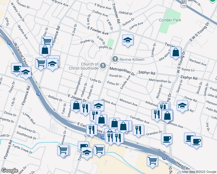 map of restaurants, bars, coffee shops, grocery stores, and more near 1002 Estes Drive in Killeen