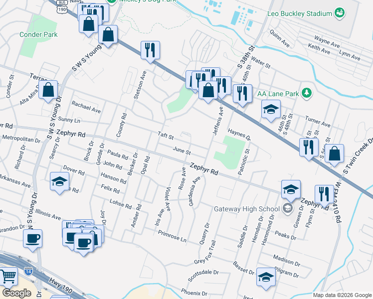 map of restaurants, bars, coffee shops, grocery stores, and more near 3101 Taft Street in Killeen