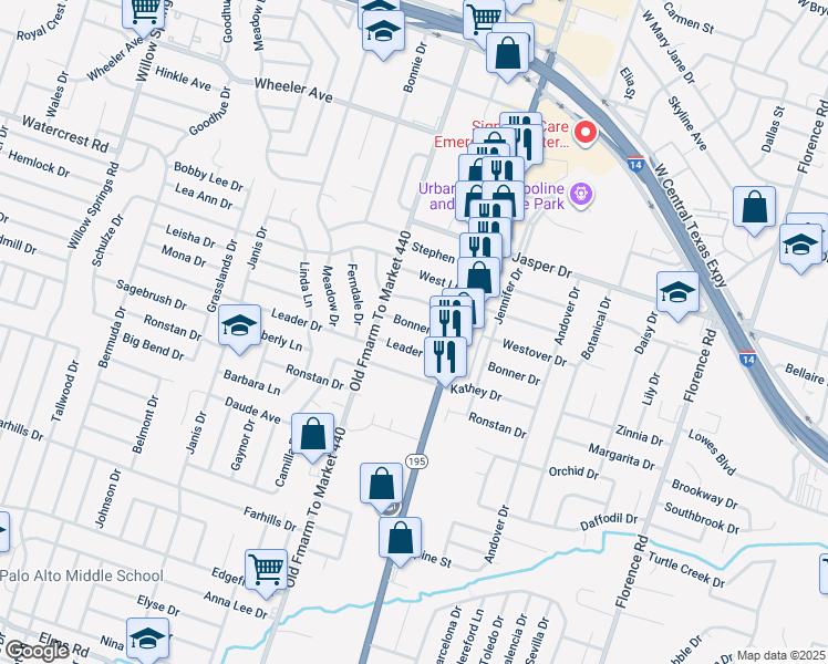 map of restaurants, bars, coffee shops, grocery stores, and more near 1300 Bonner Drive in Killeen