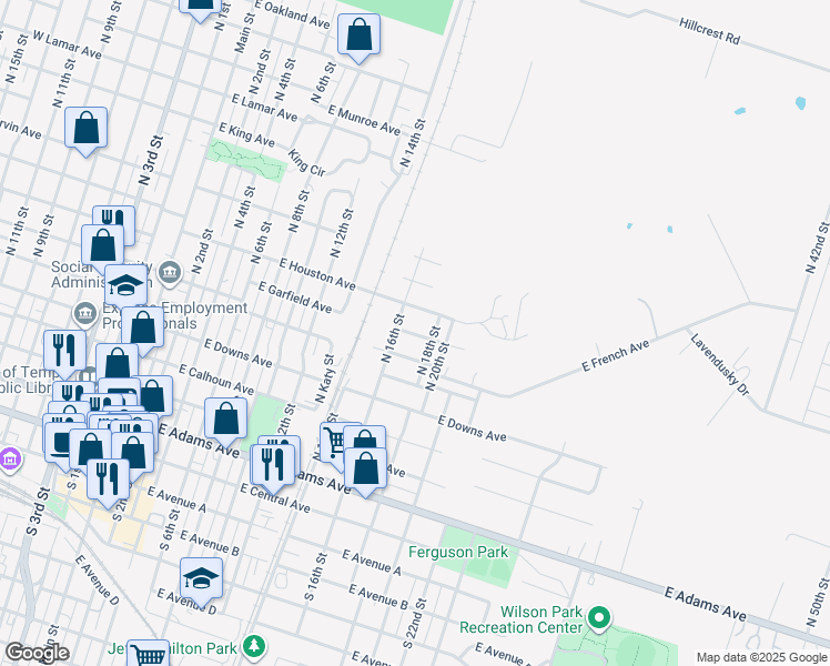 map of restaurants, bars, coffee shops, grocery stores, and more near 811 West Houston Avenue in Temple