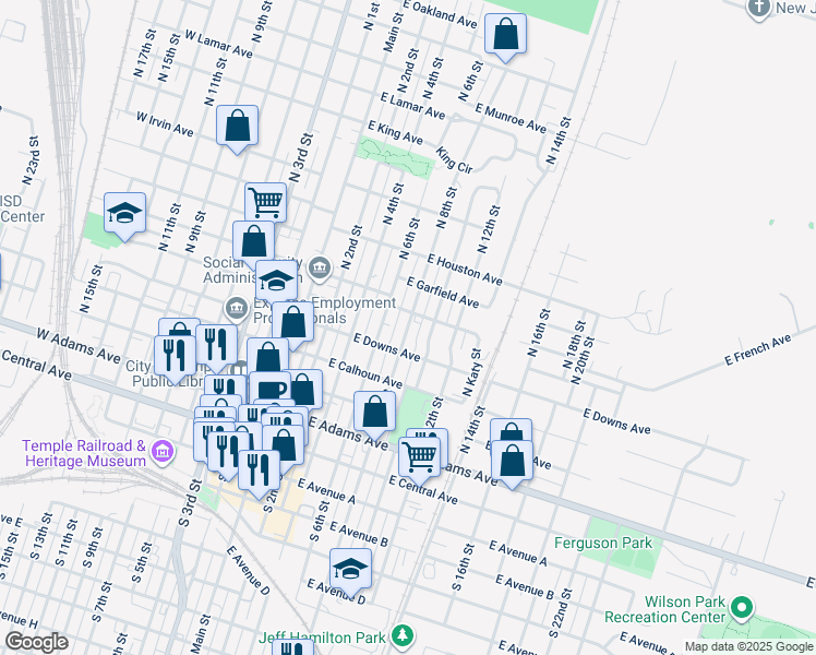 map of restaurants, bars, coffee shops, grocery stores, and more near 603 South 8th Street in Temple