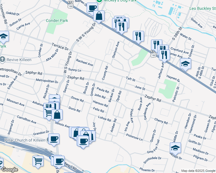 map of restaurants, bars, coffee shops, grocery stores, and more near 2605 Zephyr Road in Killeen