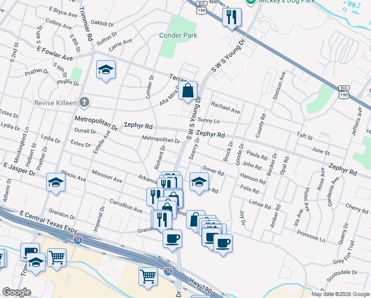 map of restaurants, bars, coffee shops, grocery stores, and more near 1307 Searcy Drive in Killeen