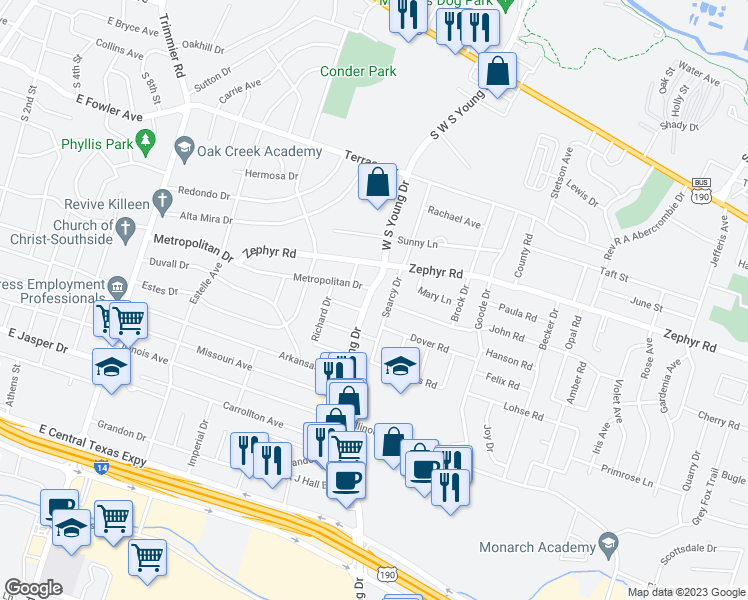 map of restaurants, bars, coffee shops, grocery stores, and more near 1504 South W. S. Young Drive in Killeen