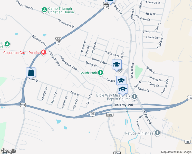 map of restaurants, bars, coffee shops, grocery stores, and more near 2311 Guy Circle in Copperas Cove
