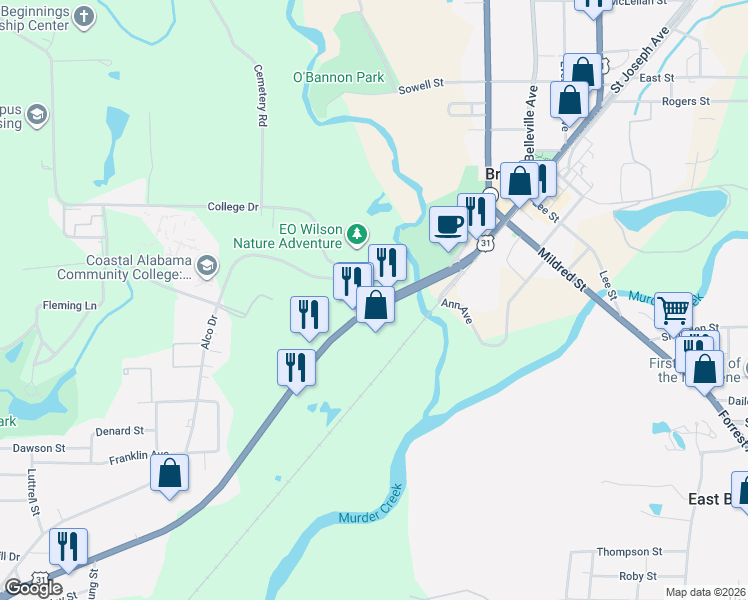 map of restaurants, bars, coffee shops, grocery stores, and more near 102 College Drive in Brewton