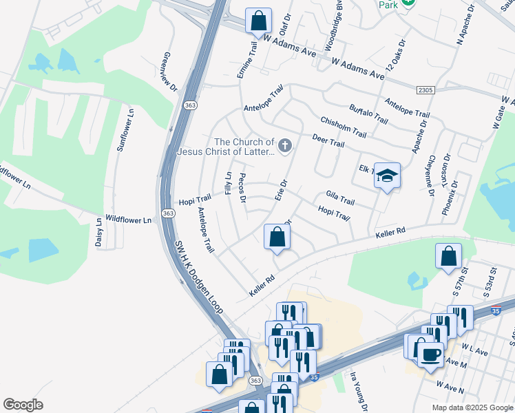 map of restaurants, bars, coffee shops, grocery stores, and more near 4005 Tyler Trail in Temple