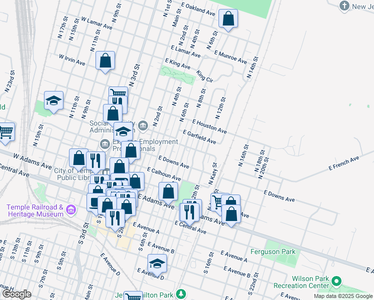 map of restaurants, bars, coffee shops, grocery stores, and more near 603 South 8th Street in Temple