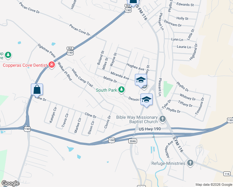 map of restaurants, bars, coffee shops, grocery stores, and more near 2308 Dennis Street in Copperas Cove