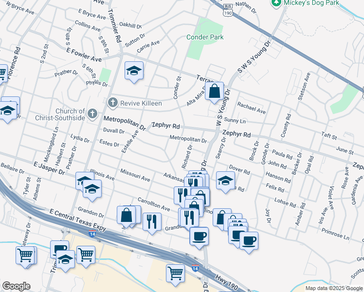 map of restaurants, bars, coffee shops, grocery stores, and more near 1502 Conder Street in Killeen