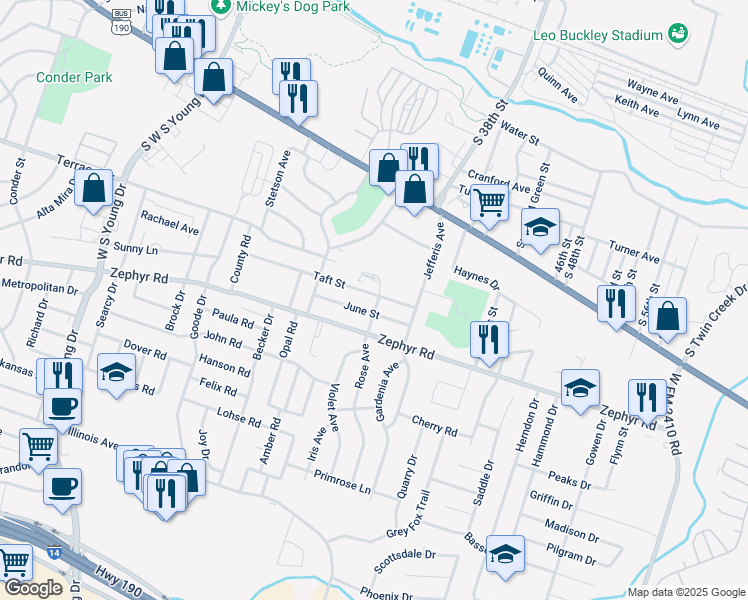 map of restaurants, bars, coffee shops, grocery stores, and more near 3101 Taft Street in Killeen