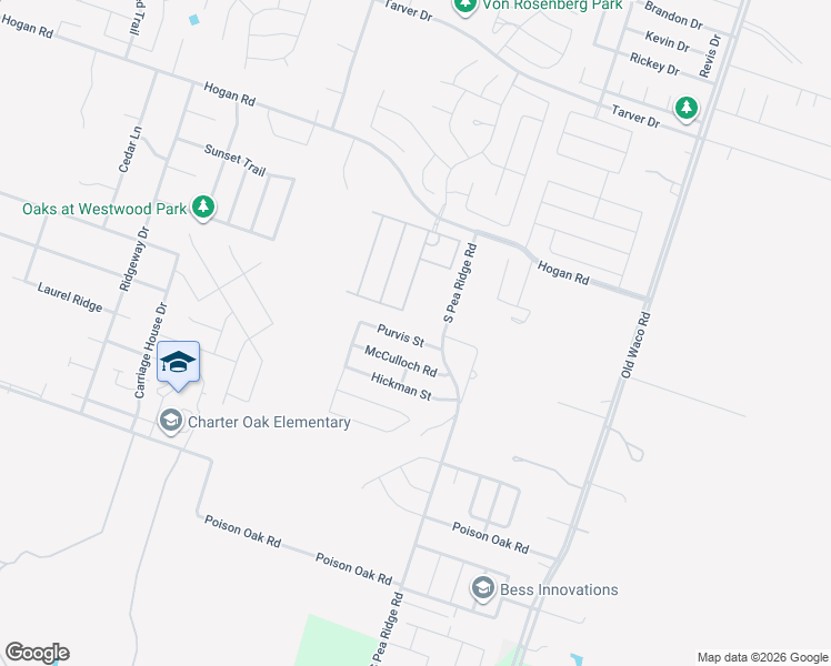 map of restaurants, bars, coffee shops, grocery stores, and more near 7706 Purvis Street in Temple