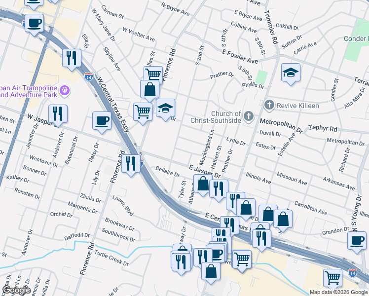 map of restaurants, bars, coffee shops, grocery stores, and more near 605 Illinois Avenue in Killeen