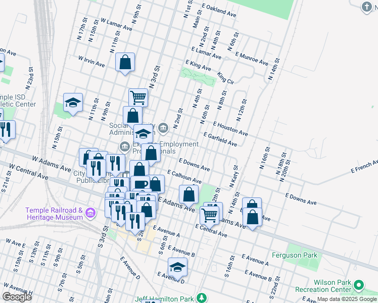 map of restaurants, bars, coffee shops, grocery stores, and more near 516 South 6th Street in Temple