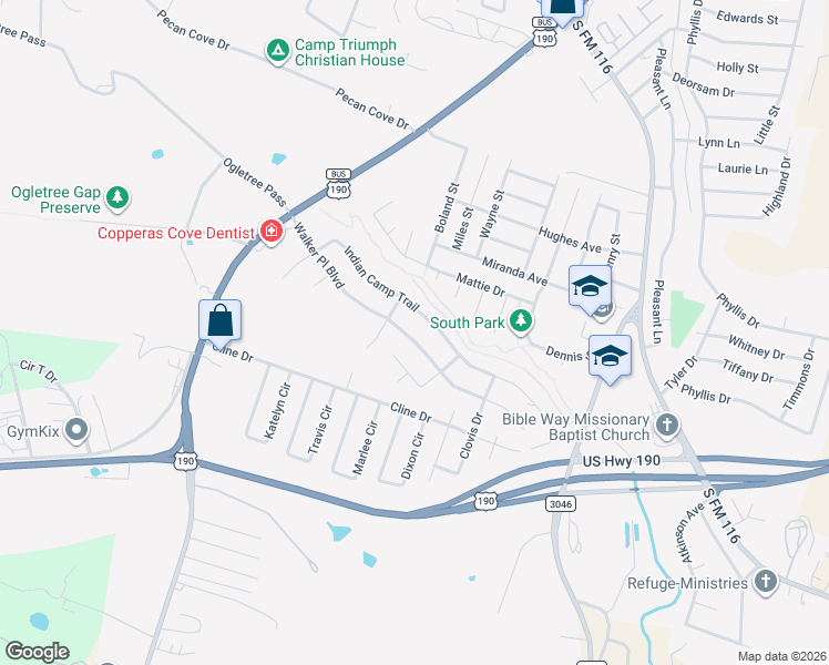 map of restaurants, bars, coffee shops, grocery stores, and more near 1808 Walker Place Boulevard in Copperas Cove
