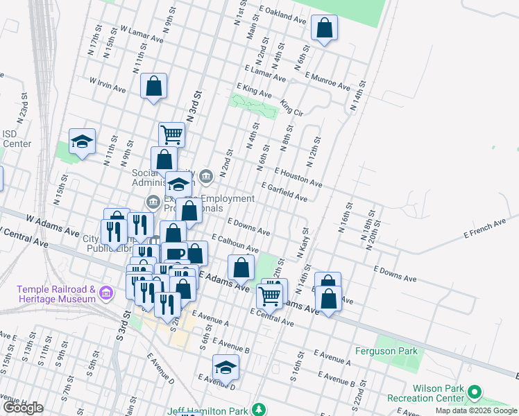 map of restaurants, bars, coffee shops, grocery stores, and more near 603 South 8th Street in Temple