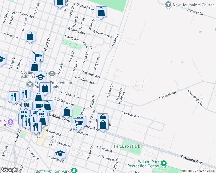 map of restaurants, bars, coffee shops, grocery stores, and more near 606 North 16th Street in Temple