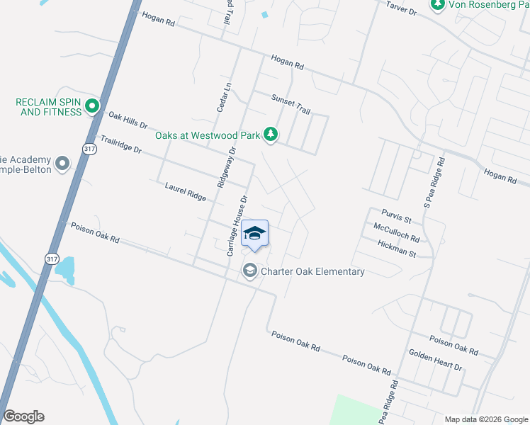 map of restaurants, bars, coffee shops, grocery stores, and more near 8401 Split Trail Cove in Temple