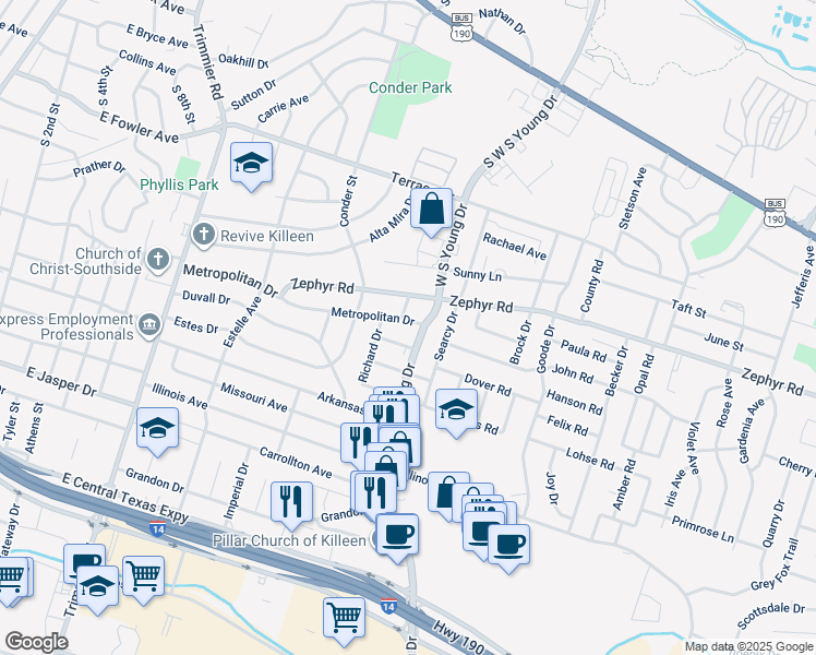 map of restaurants, bars, coffee shops, grocery stores, and more near 1516 Metropolitan Drive in Killeen
