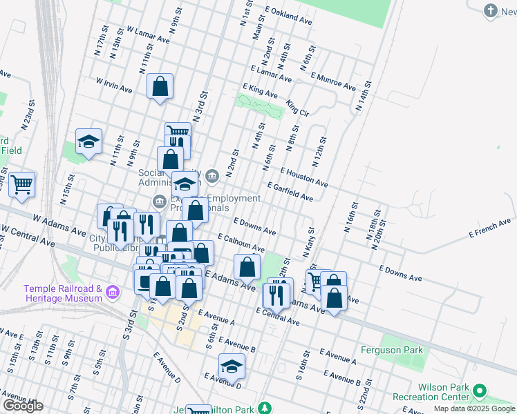 map of restaurants, bars, coffee shops, grocery stores, and more near 516 South 6th Street in Temple