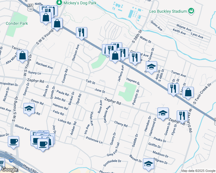map of restaurants, bars, coffee shops, grocery stores, and more near 3101 Taft St in Killeen