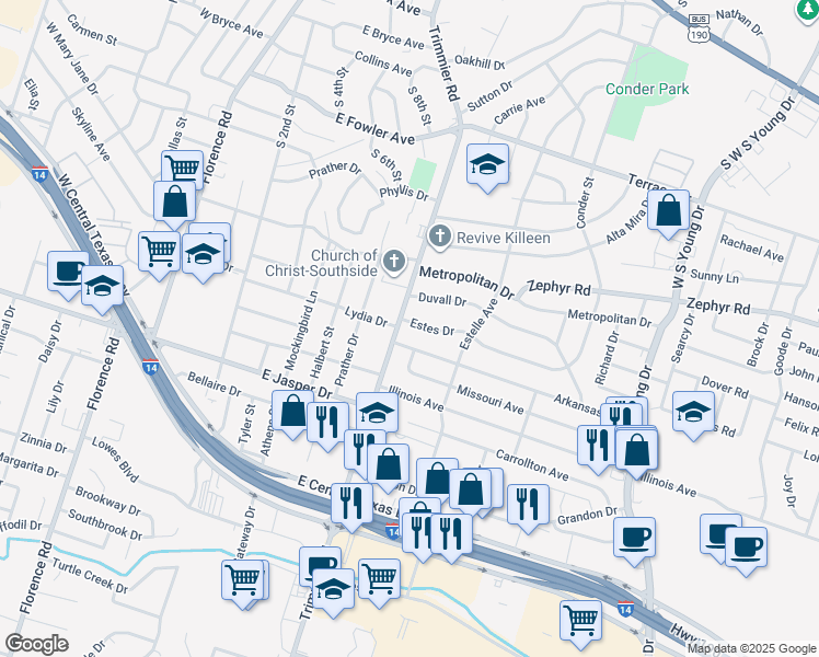 map of restaurants, bars, coffee shops, grocery stores, and more near 1002 Estes Drive in Killeen