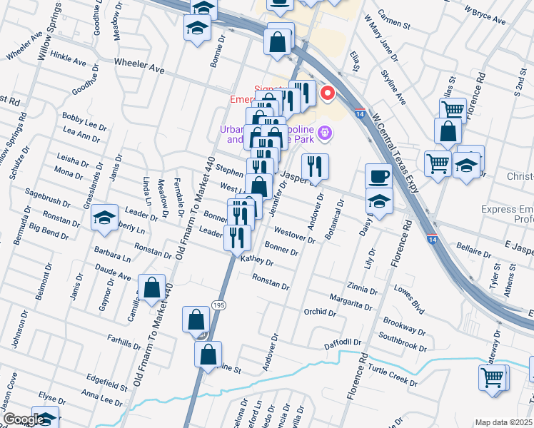 map of restaurants, bars, coffee shops, grocery stores, and more near 1019 West Lane in Killeen