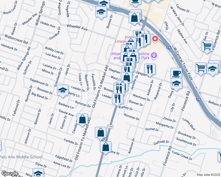map of restaurants, bars, coffee shops, grocery stores, and more near 1208 Westover Drive in Killeen
