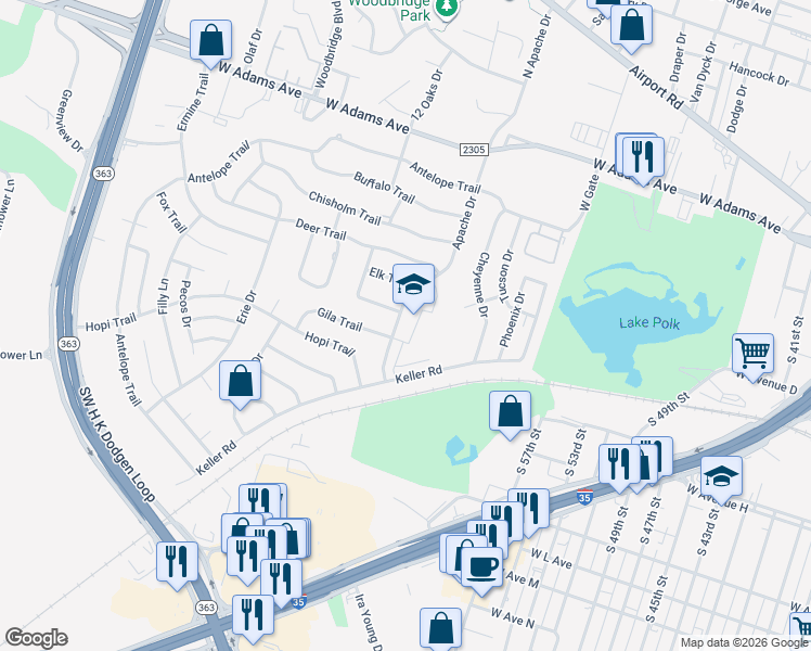 map of restaurants, bars, coffee shops, grocery stores, and more near 3401 Fawn Trail in Temple