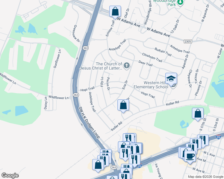map of restaurants, bars, coffee shops, grocery stores, and more near 4005 Tyler Trail in Temple