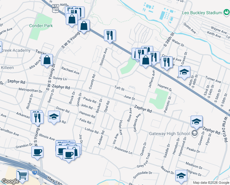 map of restaurants, bars, coffee shops, grocery stores, and more near 1105 Rev R A Abercrombie Drive in Killeen