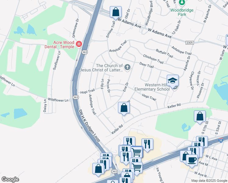 map of restaurants, bars, coffee shops, grocery stores, and more near 4005 Tyler Trail in Temple