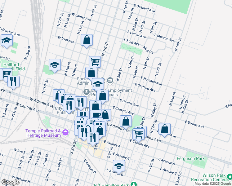 map of restaurants, bars, coffee shops, grocery stores, and more near 415 North 2nd Street in Temple