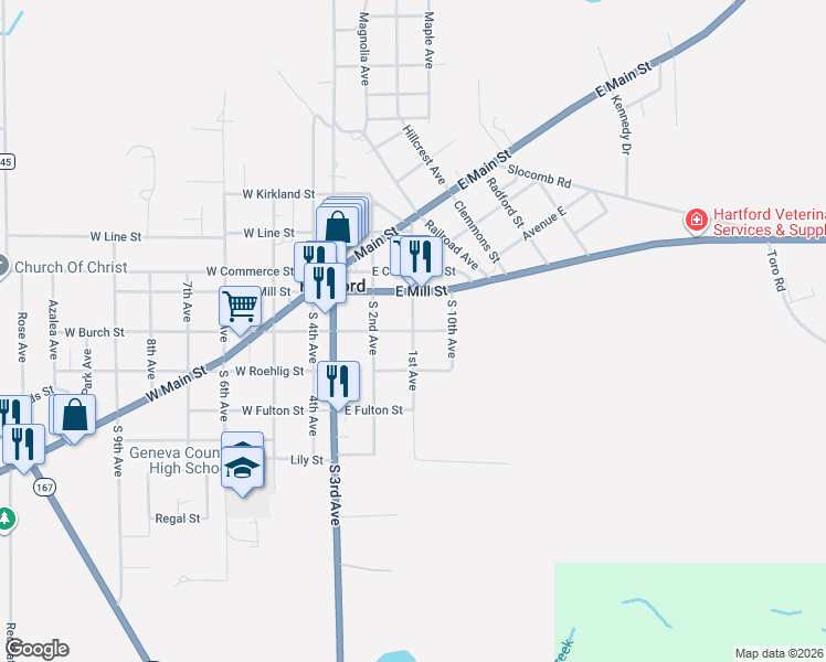 map of restaurants, bars, coffee shops, grocery stores, and more near 301 East Birch Street in Hartford