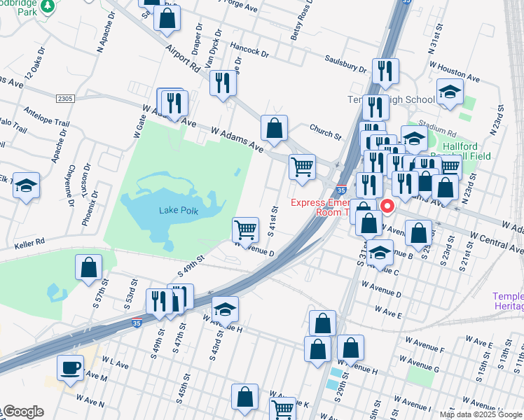 map of restaurants, bars, coffee shops, grocery stores, and more near 111 North 43rd Street in Temple