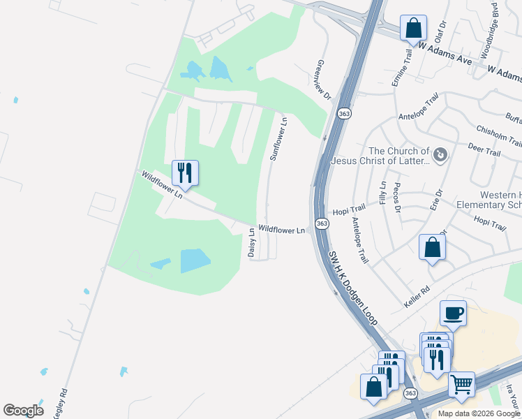 map of restaurants, bars, coffee shops, grocery stores, and more near 4302 Sunflower Lane in Temple