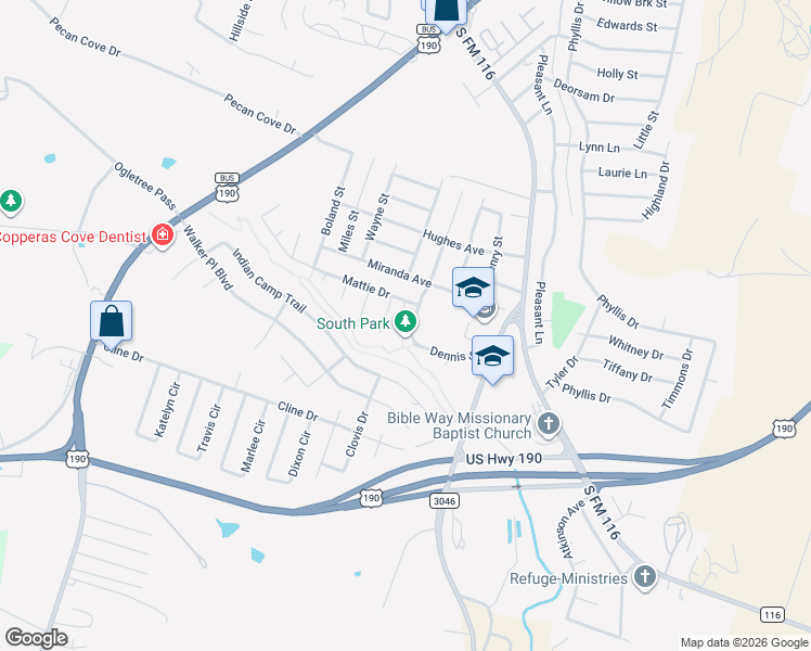 map of restaurants, bars, coffee shops, grocery stores, and more near 2308 Dennis Street in Copperas Cove