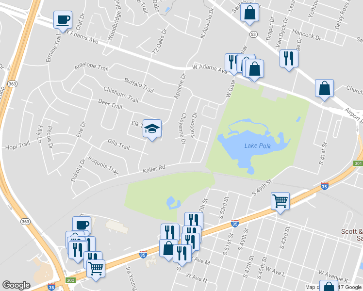 map of restaurants, bars, coffee shops, grocery stores, and more near 510 Cheyenne Drive in Temple