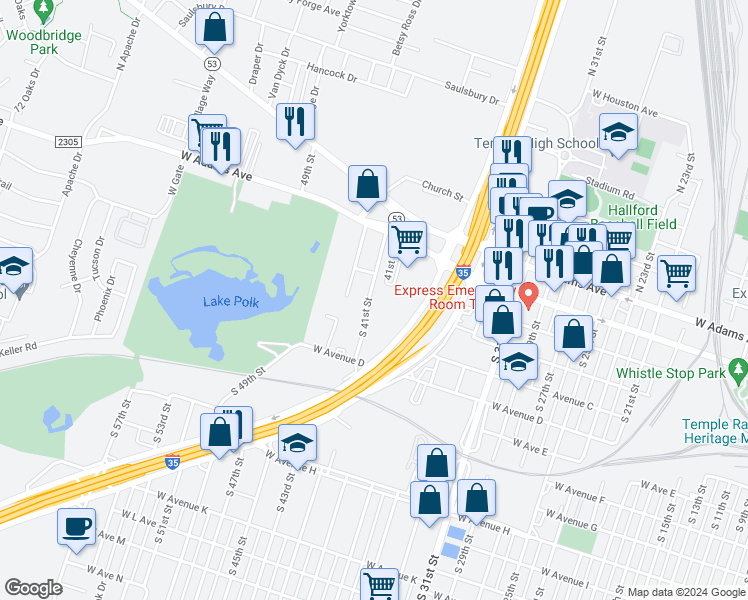 map of restaurants, bars, coffee shops, grocery stores, and more near 111 South 41st Street in Temple