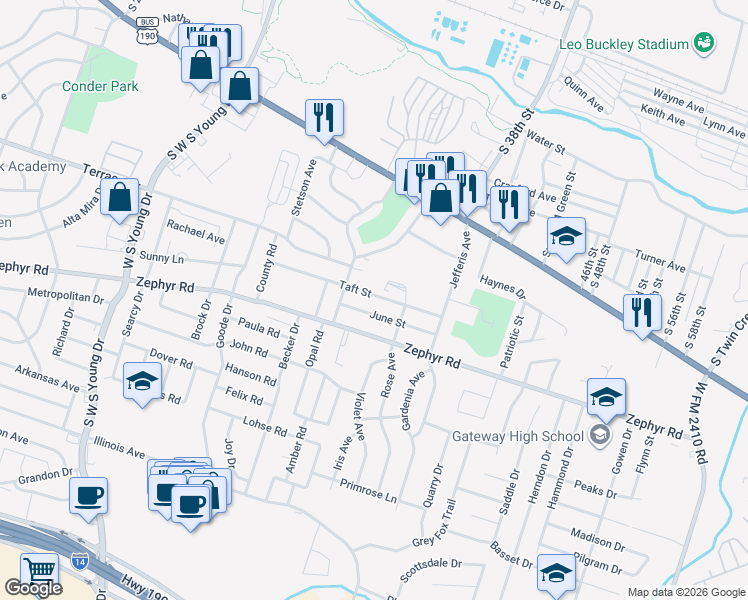 map of restaurants, bars, coffee shops, grocery stores, and more near 3002 Taft Street in Killeen